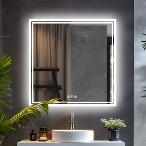 UNHO 800mm Square Illuminated LED Bathroom Mirror Light with Touch Sensor, Anti-fog