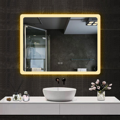 800X600 Rectangular Bathroom Mirror with 3 Colours Dimmable LED Lights,Wall Mounted,IP44 + Double bond Bluetooth + Shaver socket + Demister + Blackout memory