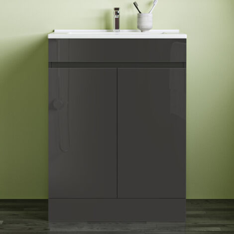 800x600mm Bathroom Anthracite Vanity Unit With Storage Space Soft Close DoorsWhite Thin Ceramic Basin