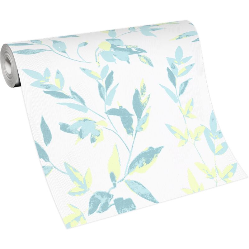 BRICOFLOR Papier Peint feuillage turquoise, jaune et blanc Papier Peint fleuri pour couloir, cuisine & plus Tapisserie intissée turquoise