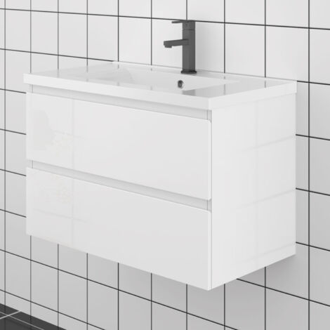 80cm Badezimmer Waschtisch mit Unterschrank keramik-Waschbecken mit Unterschrank Weiß Hochglanz