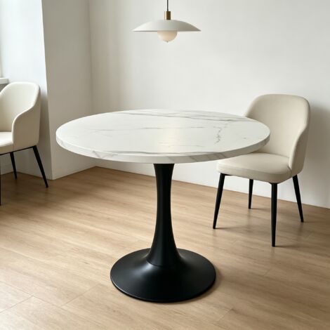 80cm moderner runder Esstisch für 2-4 kleine Empfangstisch mit weißem Marmormuster Holz Schreibtisch und schwarzem Metall Pedestal Kreis Küchentisch für Home Office Esszimmer Wohnung