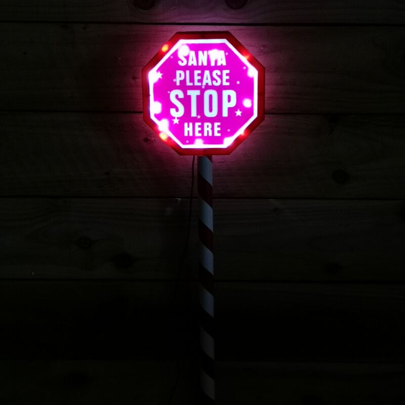 Premier Decorations - 80cm Premier Christmas Outdoor Santa Stop Here Sign With Warm White Leds