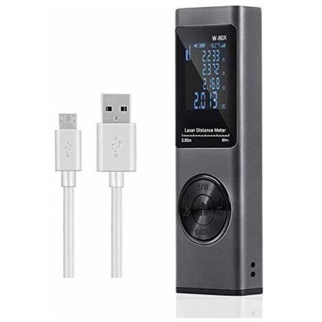 80m Laser Rangefinder, USB Rechargeable Digital Laser Meter, LCD Backlight, Electronic Angle, Measure Length / Area / Volume / Pythagorean Theorem IP54 (Gray)