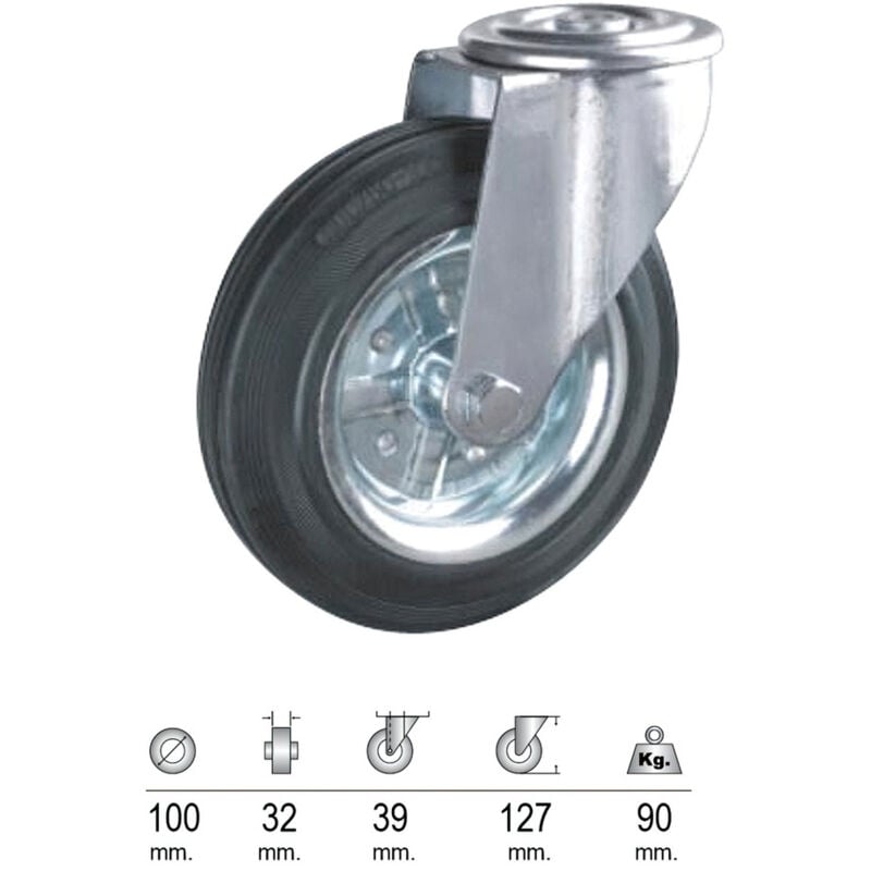 Image of Rueda Industrial Goma Negra Pasante 100mm