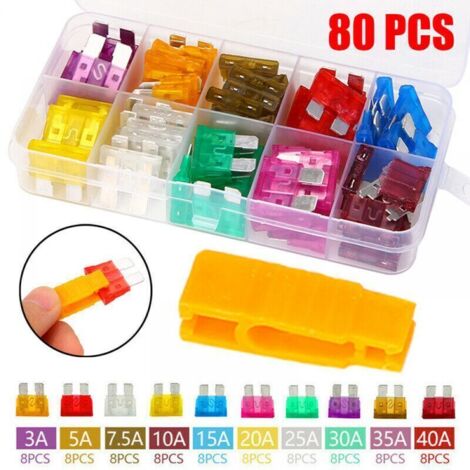 80Pcs Fusible Voiture Set - pour Fusibles Auto/Truck/RV/Camion/Moto (3A 5A 7.5A 10A 15A 20A 25A 30A 35A 40A) - Micro Fusibles Automobile