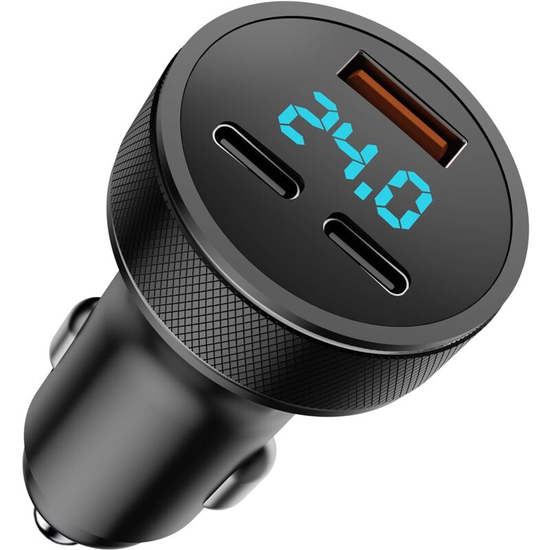 80W Chargeur Voiture Allume Cigare USB, Dual PD+QC3.0 Adaptateur de Charge Rapide Métaux, Chargeur de Voiture USB avec Voltmètre LED, Compatible avec