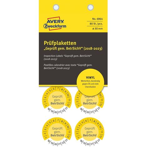 80x Prüfplaketten Geprüft gem. BetrSichV 2018-2023 30mm Gelb Vinyl