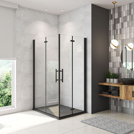 80x100x190 cm Box Doccia Angolare Porte Battente e Pieghevoli Vetro 5mm Temperato Trasparente Anticalcare Profilo Nero Opaco Piatto Doccia incluso