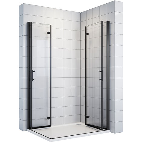 80x120x195cm Schwarz Duschkabine mit 180°-Doppelfalttüren Duschabtrennung Scharniertür 6mm NANO-ESG Klarglas Eckeinstieg