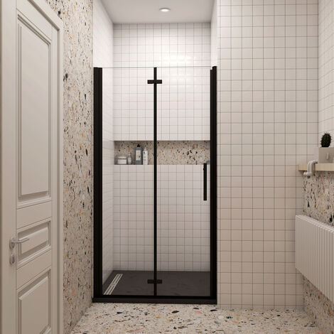 80x190 cm Porta Doccia per Nicchia Battente Pieghevole in Vetro Temperato Trasparente 5 mm Anticalcare Telaio Nero Opaco Piatto Doccia 80x90 cm incluso