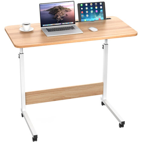 80x40cmTable de lit avec Roulette Réglable en Hauteur, Bureau pour Ordinateur Portable avec Fente pour Carte, Table d'ordinateur Mobile,Chêne