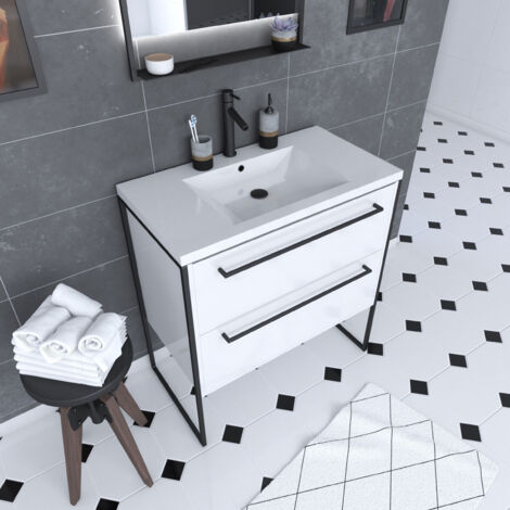 80x50cm Mobili da bagno bianchi - 2 cassetti - lavabo in resina bianca - piedi e maniglie