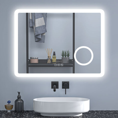 80x60cm Illuminated Bathroom Mirror with Bluetooth Optional 3 Colour Light Clock Magnifier Anti-fog，Touch Switch
