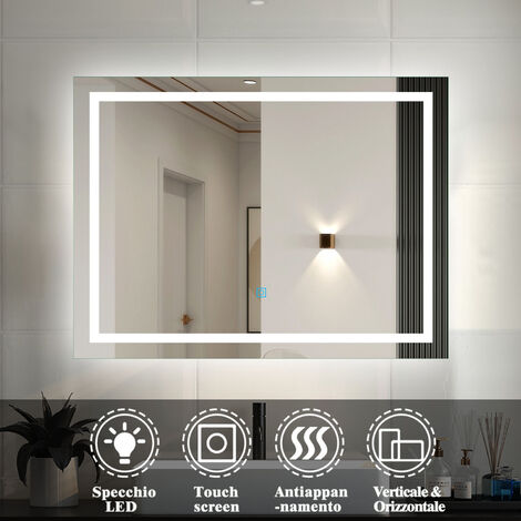 Specchio da bagno moderno Specchio da parete a LED con interruttore tattile + antiappannamento + bianco freddo 6000k