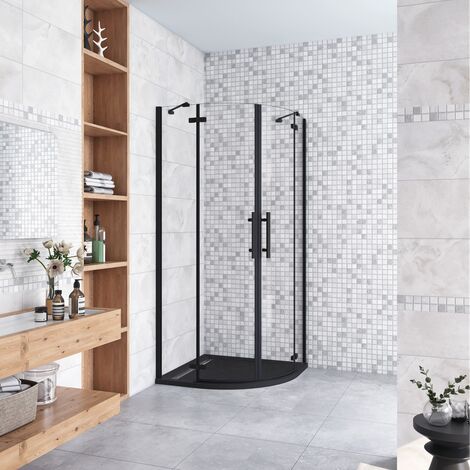 80x80x195 cm Box Doccia Semicircolare Doppia Porta Battente Vetro 6mm Temperato Trasparente Easyclean, Barra Stabilizzatrice e Telai in Nero Opaco