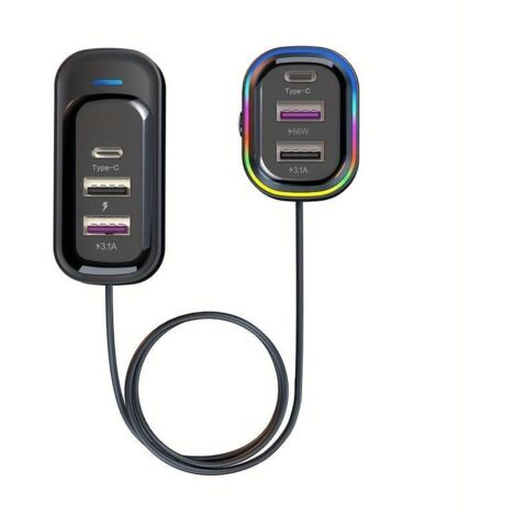 81-W-Schnellladegerät fürs Auto, 6-Port-Verlängerung vorne und hinten, gleichzeitiges Laden, 1 USB-C-Anschluss, 2 USB-Anschlüsse, 150 cm langes Verlängerungskabel mit Clip
