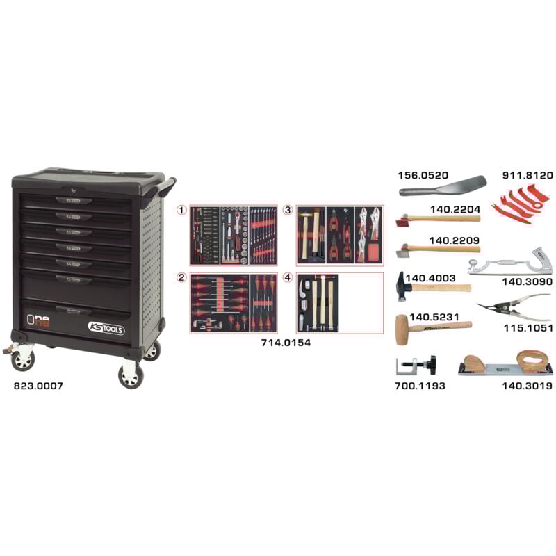 KS Tools - Servante OnebyOne 7 tiroirs composée d’outils pour la carrosserie, 166 pièc823.7154