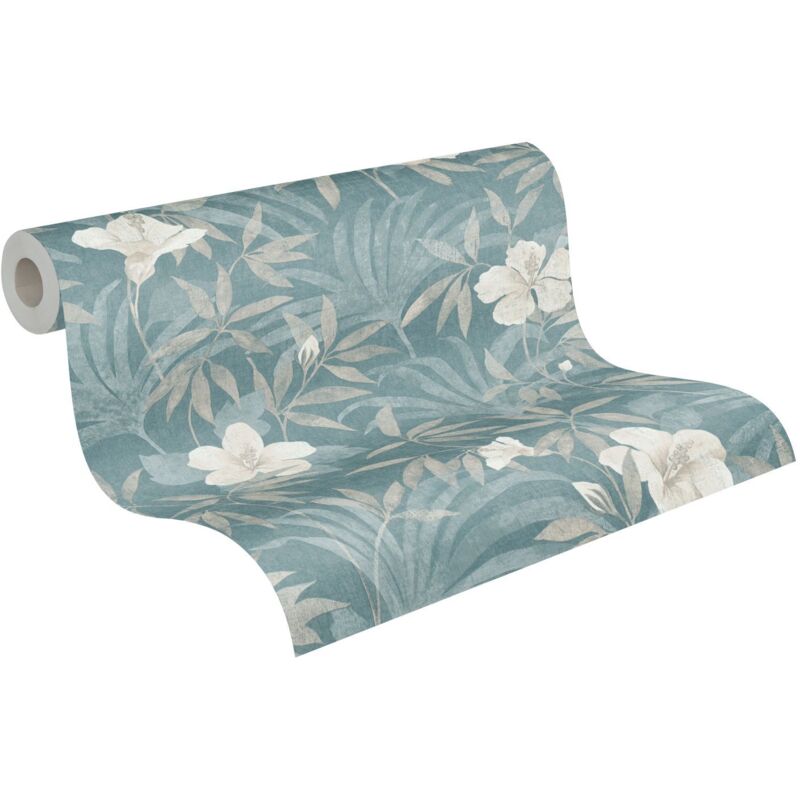 Papier peint tropical bleu & beige salle de bain Tapisserie exotique bleu & beige chambre Papier peint jungle intissé couloir