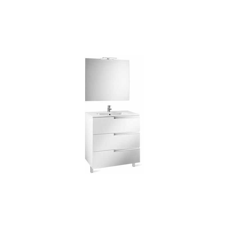 Roca - Mueble de baño mueble, lavabo espejo y aplique Led - 80 cm, Serie Victoria-N , Blanco brillo