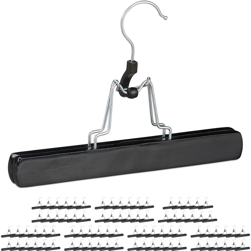 Relaxdays Wooden Trouser Clamp Hangers, 84 Pieces, 360° Swivel Hooks, Felt Protectors, HWD 17 x 25 x 2.3 cm, Black