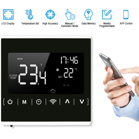 85-250V Wi-Fi thermostat intelligent hebdomadaire Thermostat programmable APP Retroeclair LCD Chaudiere de chauffage Regulateur de temperature Protection contre la surchauffe antigel Fonction °C / °F
