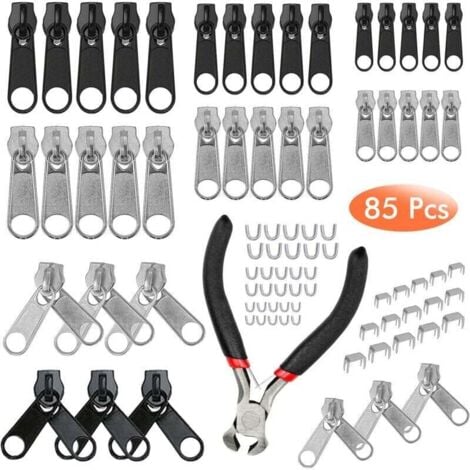 LONGZIMING 85 Pcs Remplacement Zip Curseur Fermeture Eclair, Kit de Réparation de Fermeture avec Mini pinces, Remplacement de fermeture à Glissière pour Vêtement,Sac,Vestes, Tentes, Bagages