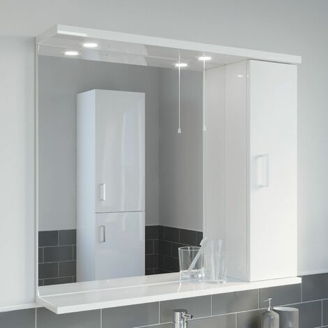850mm Modern Bathroom Mirror Cabinet Illuminated White Gloss Shelf Wall Hung - White
