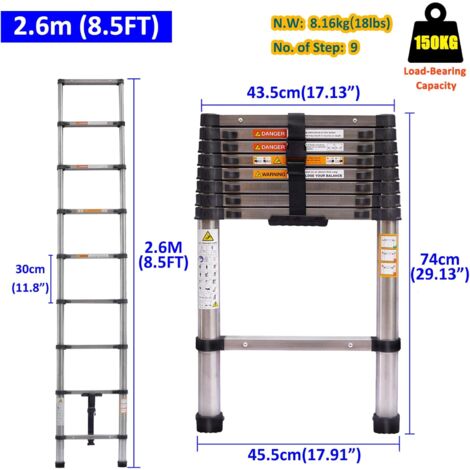 8.5FT Telescoping Ladder, 2.6M Telescopic Extension Ladders for Home, Heavy Duty Stainless Steel Collapsible Ladder with Steps Anti-Slip Rubber Feet, Multi-Purpose Folding Ladder, 330lbs Max Capacity