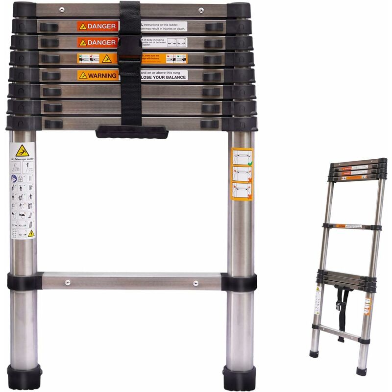 8.5ft Telescoping Ladder Stainless Steel Heavy Duty 330lbs Max Load, EN131 Certificated, Folding Extension Ladder Adjustable Height Portable Compact