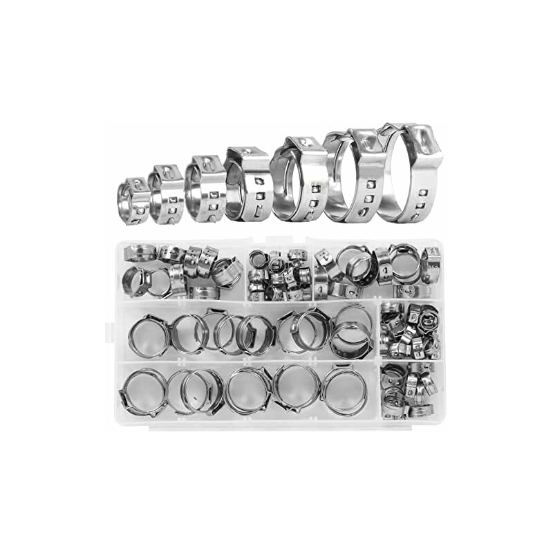 85pcs Colliers de Serrage Metallique Inox Oreille Simple Tuyau Colliers de Serrage en Acier Inoxydable 7-21 mm Anneaux de Serrage pour Tuyau