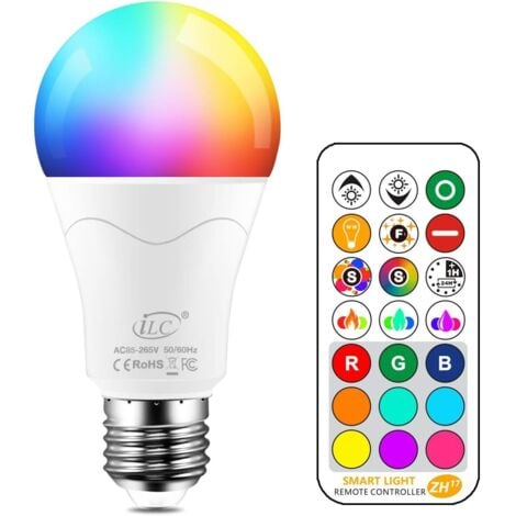 CUIYU 85W Équivalent Ampoule Led Couleur Changement de couleur Dimmable E27 Edison RGBW Télécommande Compris [Classe énergétique E]