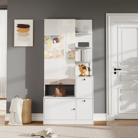 85x40x180cm Meuble Haut avec Miroir et Chaussures, Armoire de Couloir, Porte-manteau d'Entrée, Rangement 2 Portes, Vitrine 5 Étagères, Blanc
