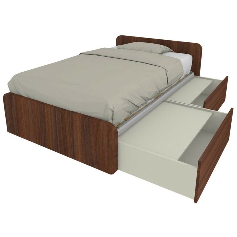 Lit simple 120x190 avec tiroirs, personnalisable et facile à assembler - Noyer Canaletto