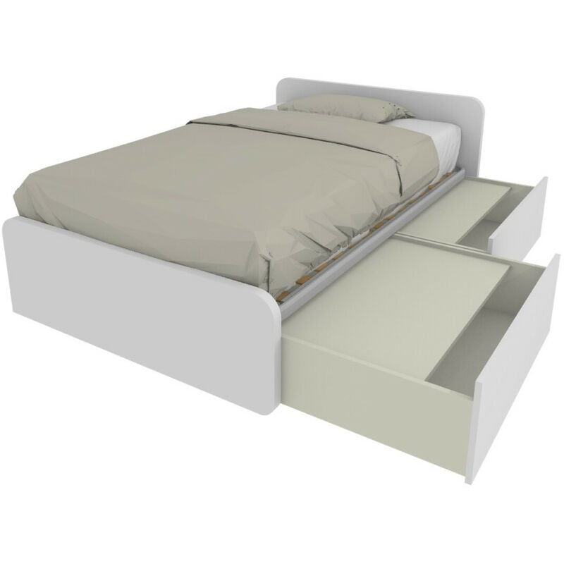 864C - Lit de chambre 120x190 1 et demi avec tiroirs gigognes et têtes de lit personnalisables. - blanc - blanc
