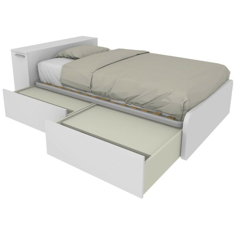 864CK - Lit simple 120x190 avec meuble de rangement en tête de lit et tiroirs coulissants - blanc