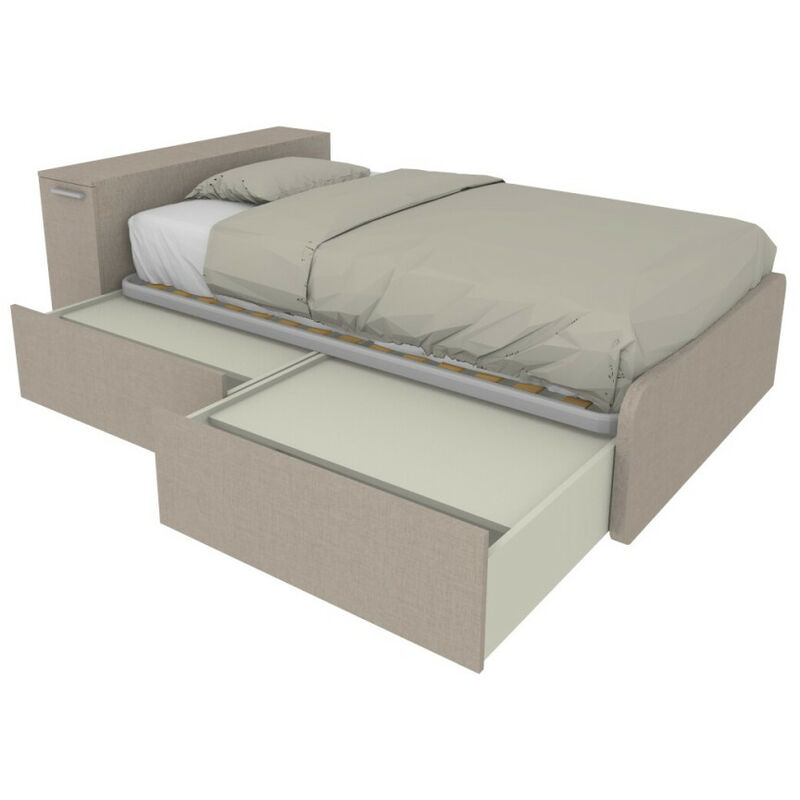 864ck - lit simple 120x190 avec meuble de rangement en tete lit et tiroirs <strong>coulissants</strong> tete a gauche effet tissu