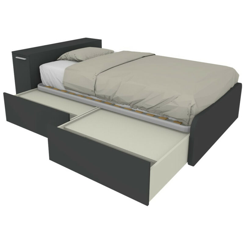 864CK - Lit simple 120x190 avec meuble de rangement en tête de lit et tiroirs coulissants - Basalto - Basalto