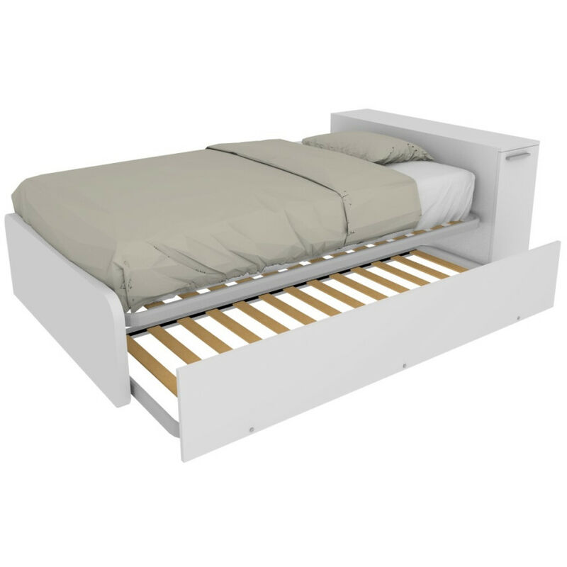 Lit Queen size 120x190 avec conteneur et deuxième lit extractible - blanc