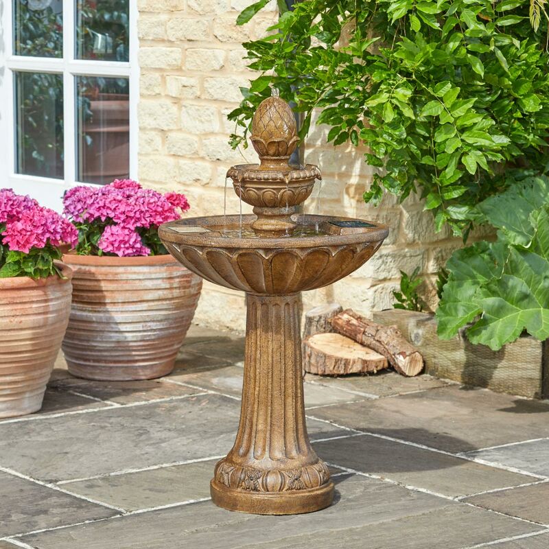 Image of 86cm Solar Power Outdoor Queensbury Stone Effect Water Fountain Feature | Garden Bird Bath Table - Grey