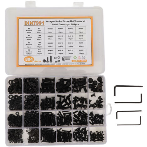 884PCS Kit de Boulons Hexagonaux Creux M2 M3 M4 M5 en Acier Carbone avec Écrous et Rondelles, Coffret de Rangement Noir
