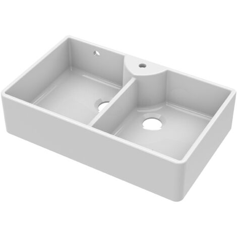 895mm - Fireclay 2 Bowl Stepped Weir Butler Kitchen Sink - Tap Ledge & Overflow