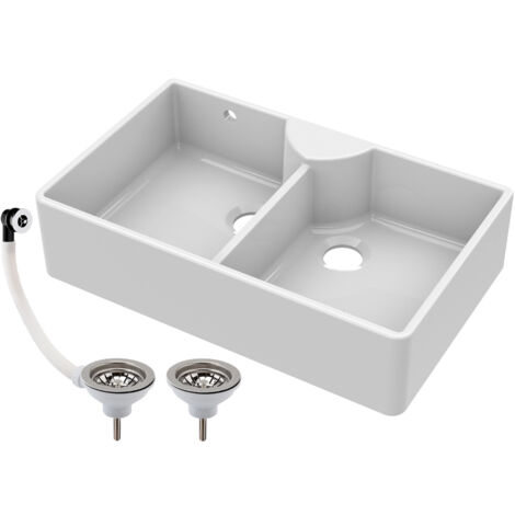 895mm - Two Bowl Fireclay Butler Kitchen Sink - Stepped Weir, Overflow, ledge & Wastes