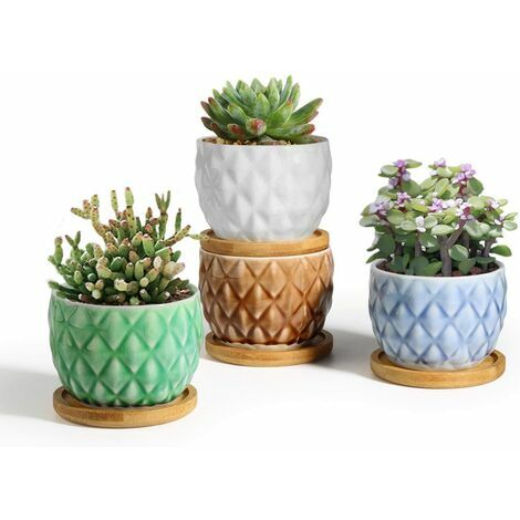 8cm 4pcs Pot de Succulent en Céramique avec Plateau en Bambou, Cactus Plante Planteur Cache Pot Jardinière Contenant Décoration de Maison Bureau Cadeau pour Anniversaire Mariage