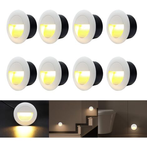 8er 3W Applique Encastré Murale, Lumières d'escalier rond, Blanc chaud applique avec boîte encastrée, 230V eclairage mural alu etanche escalier encastrable marchepied, Blanc, IP65