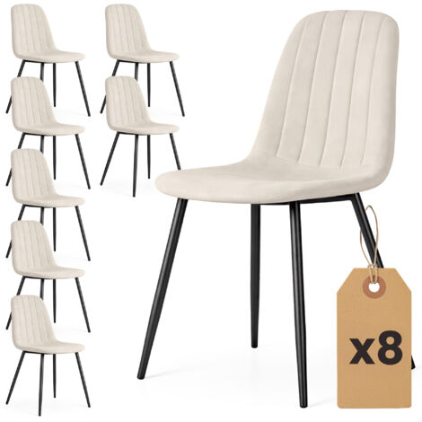 8er Set Samt-Polsterstühle, gesteppt LUMO Beige mit schwarzen Beinen