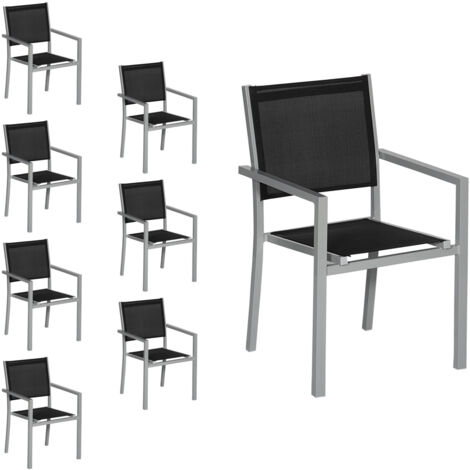 8er Set Stühle aus grauem Aluminium - schwarzes Textilene