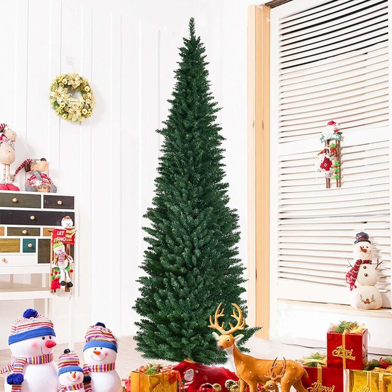 COSTWAY Green Pencil Slim Christmas Tree, Traditional Artificial Pine Xmas Tree with Metal Stand, Christmas Decoration and Gift (Green, 8FT/2.4M)