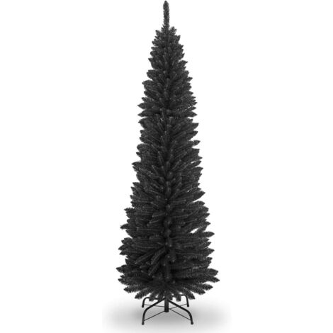 8FT Artificial Flocked Slim Christmas Pencil Tree Holiday Home Decorations with Pointed Tips and Metal Stand, Black