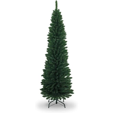 8FT Green Artificial Flocked Slim Christmas Pencil Tree Holiday Home Decorations with Pointed Tips and Metal Stand